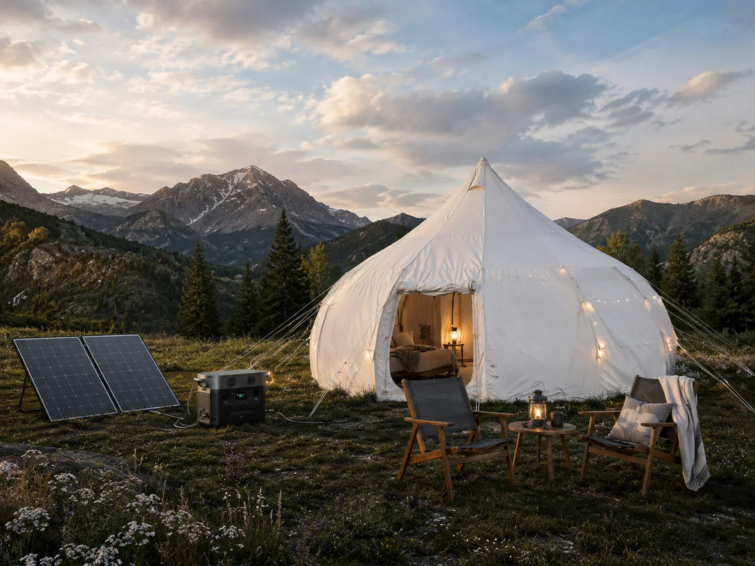 Off-grid glamping tent powered by a solar generator with a solar panel set up nearby in a remote location