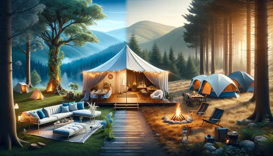 Glamping tent with furnished interior next to traditional camping setup comparing luxury and basic outdoor accommodations