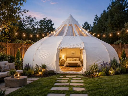 A glamping tent set up as a furnished guest house in a landscaped residential backyard