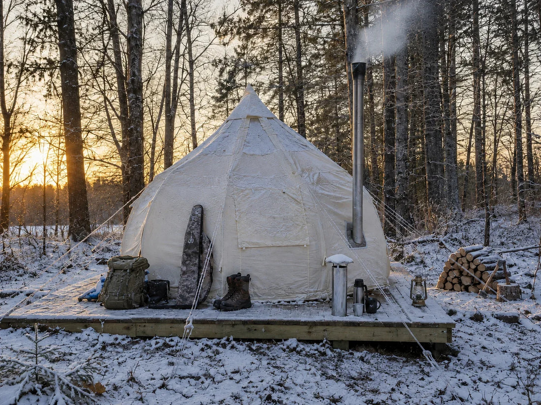 A canvas hunting camp tent in cold weather with frost on the ground and smoke rising from the stove pipe