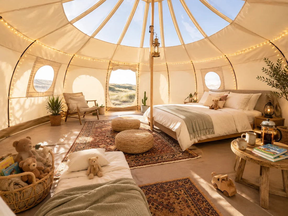amily-sized glamping tent interior with king bed and additional kids sleeping setup with warm lighting