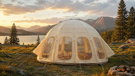 The Jellyfish inflatable glamping tent with transparent panels showing its open pole-free interior and panoramic views