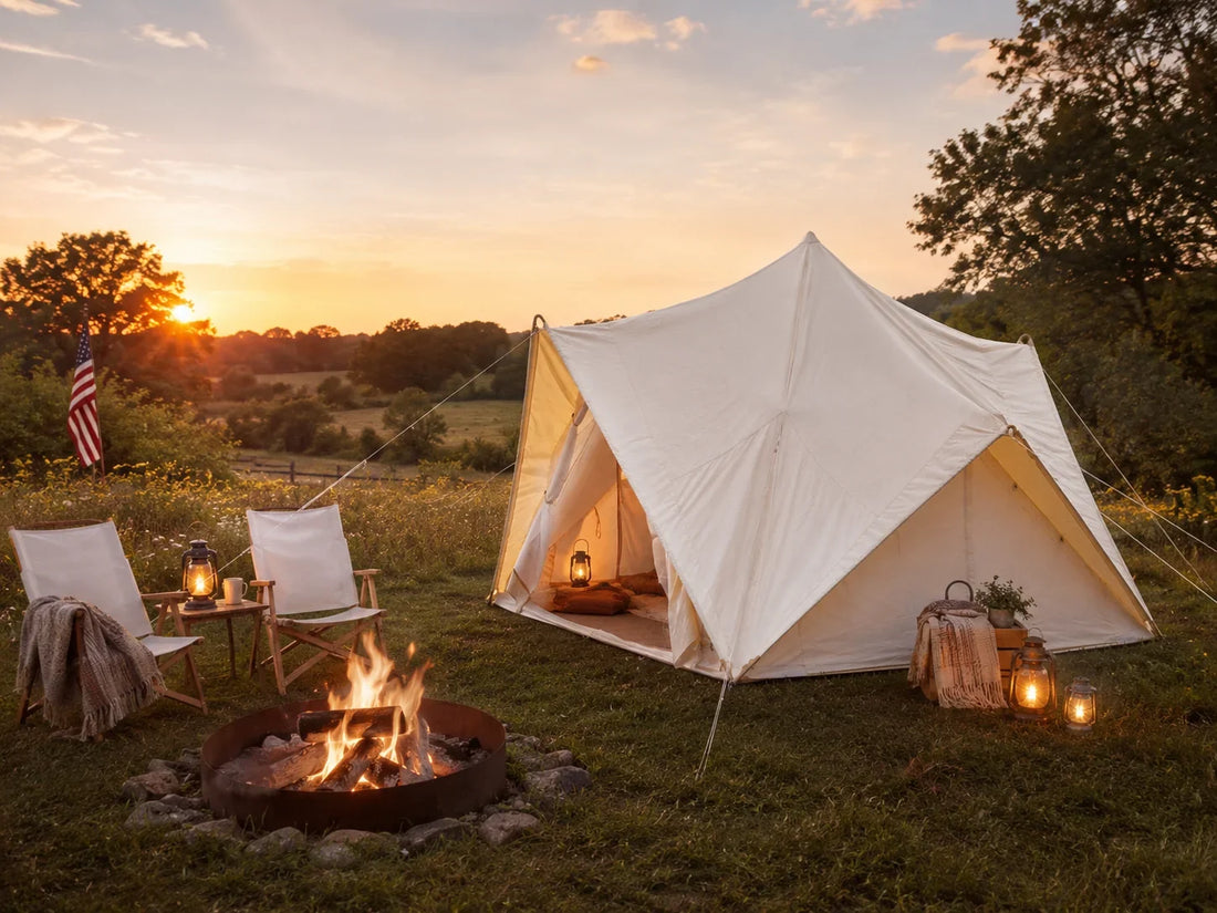 A Labor Day glamping setup at golden hour with a tent, fire pit, and end-of-summer atmosphere