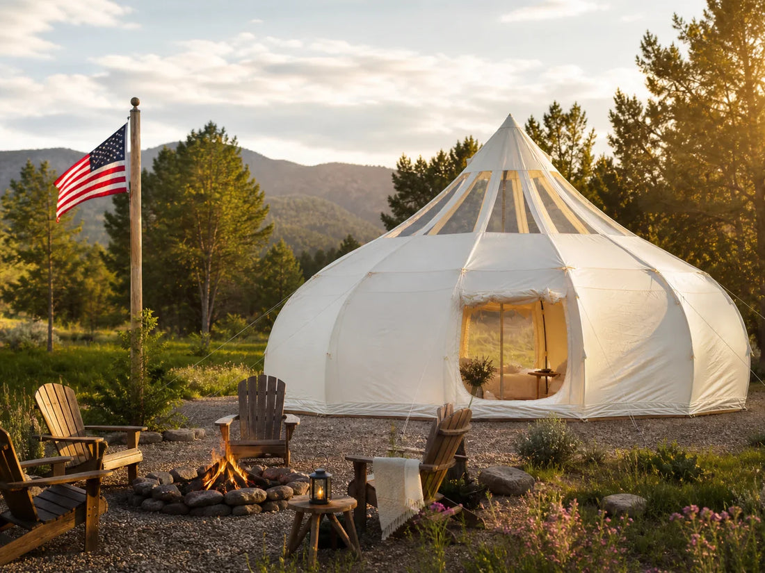  Glamping tent set up for Memorial Day weekend with fire pit and American flag in a scenic outdoor setting
