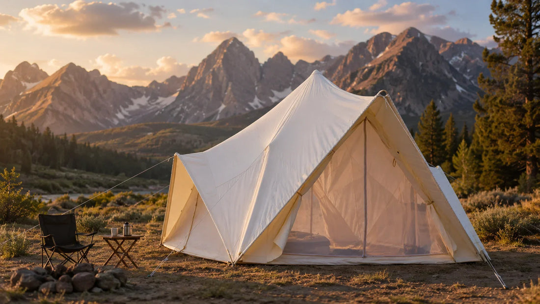 Glamping tent set up in a scenic mountain landscape near a national park at golden hour