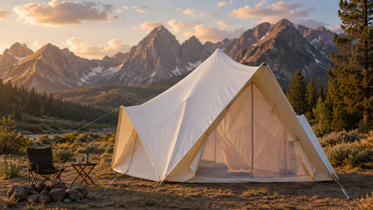 Glamping tent set up in a scenic mountain landscape near a national park at golden hour