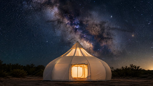  A warmly lit glamping tent glowing under a dramatic Milky Way night sky as an astrophotography subject