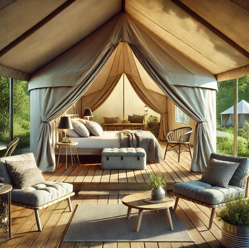 Stylishly furnished glamping tent interior with cozy bed and seating area