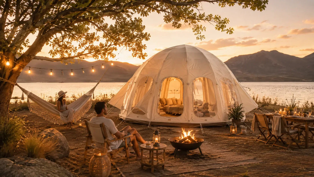 A summer glamping scene with a tent, hammock, and string lights by a lake at golden hour