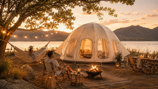 A summer glamping scene with a tent, hammock, and string lights by a lake at golden hour