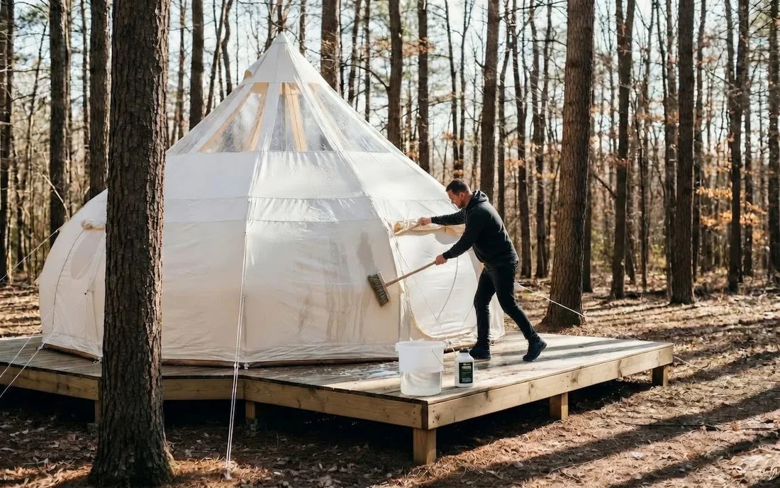 Cleaning glamping tent exterior with soft brush and mild soap to maintain 900D Oxford Canvas fabric