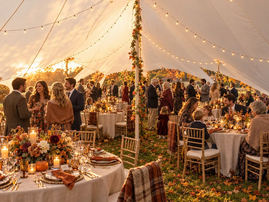 A large event canopy over long dining tables set for an outdoor Thanksgiving dinner with string lights and fall decor