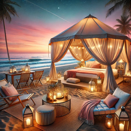 Luxury glamping tent on sandy beach with ocean view at sunset