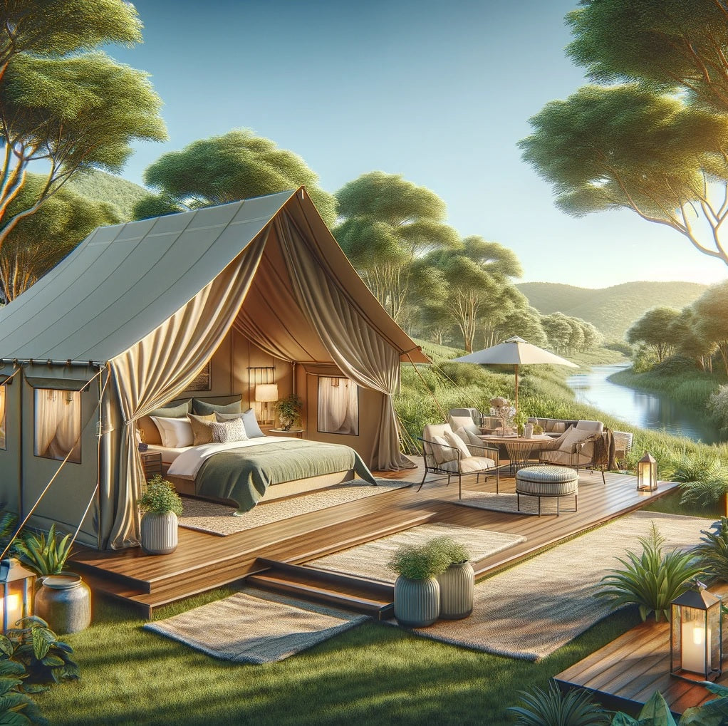 Summer glamping tent at Yellowstone National Park with mountain views