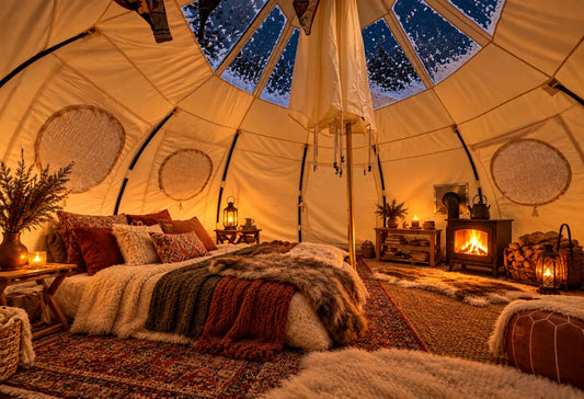Warm glamping tent interior at night with a glowing wood stove, layered bedding, and rugs on the floor