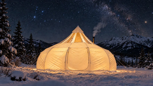 A glamping tent glowing warmly in a snowy landscape under a brilliant winter night sky full of stars