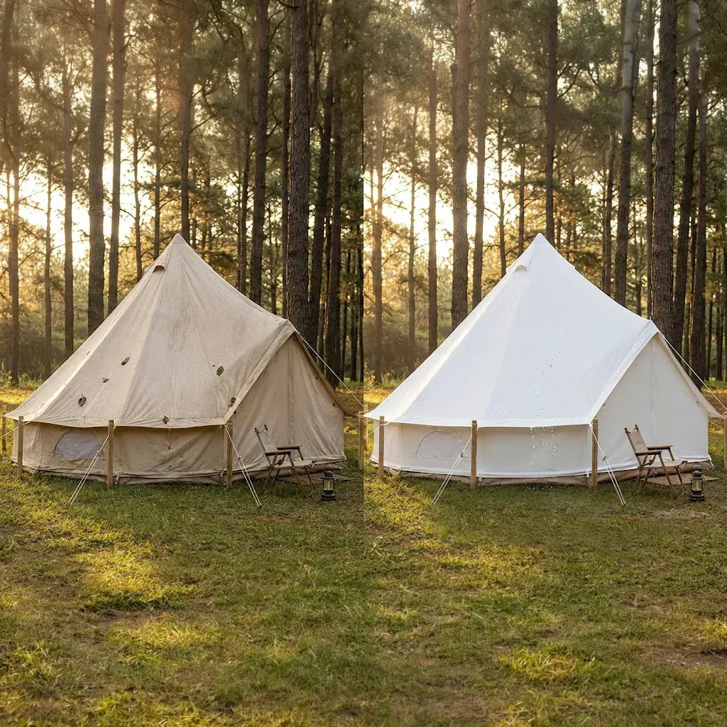 Close-up comparison of Oxford canvas and traditional cotton canvas tent fabric showing texture and weave differences