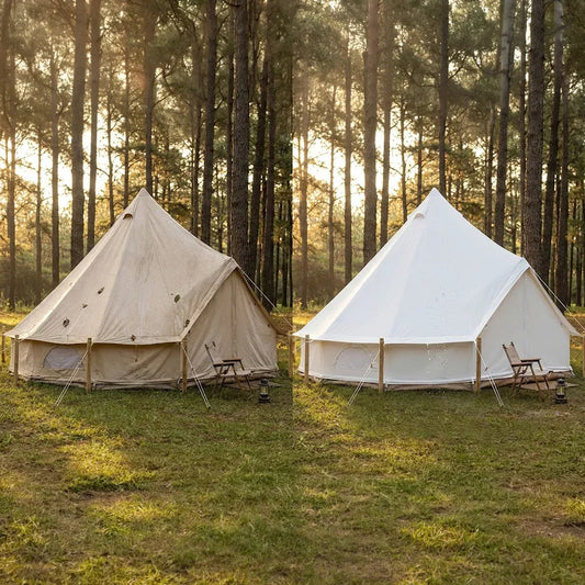 Canvas vs polyester tent comparison showing traditional cotton canvas and modern Oxford Canvas glamping tents with waterproofing differences