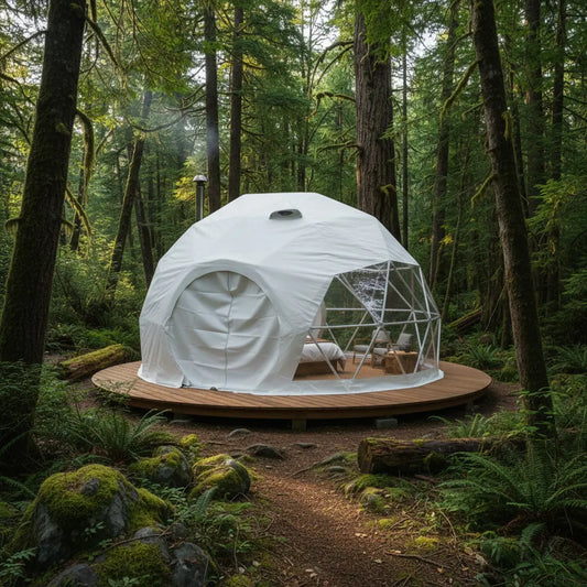 16-foot geodesic dome with panoramic transparent window installed on prepared platform for glamping resort use