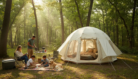 Jellyfish inflatable glamping tent in a forest with a family camping