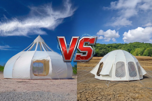 Side by side comparison of inflatable Jellyfish glamping tent and traditional pole Astral glamping tent