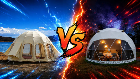 A glamping tent and a geodesic dome side by side on the same property showing the two structure types