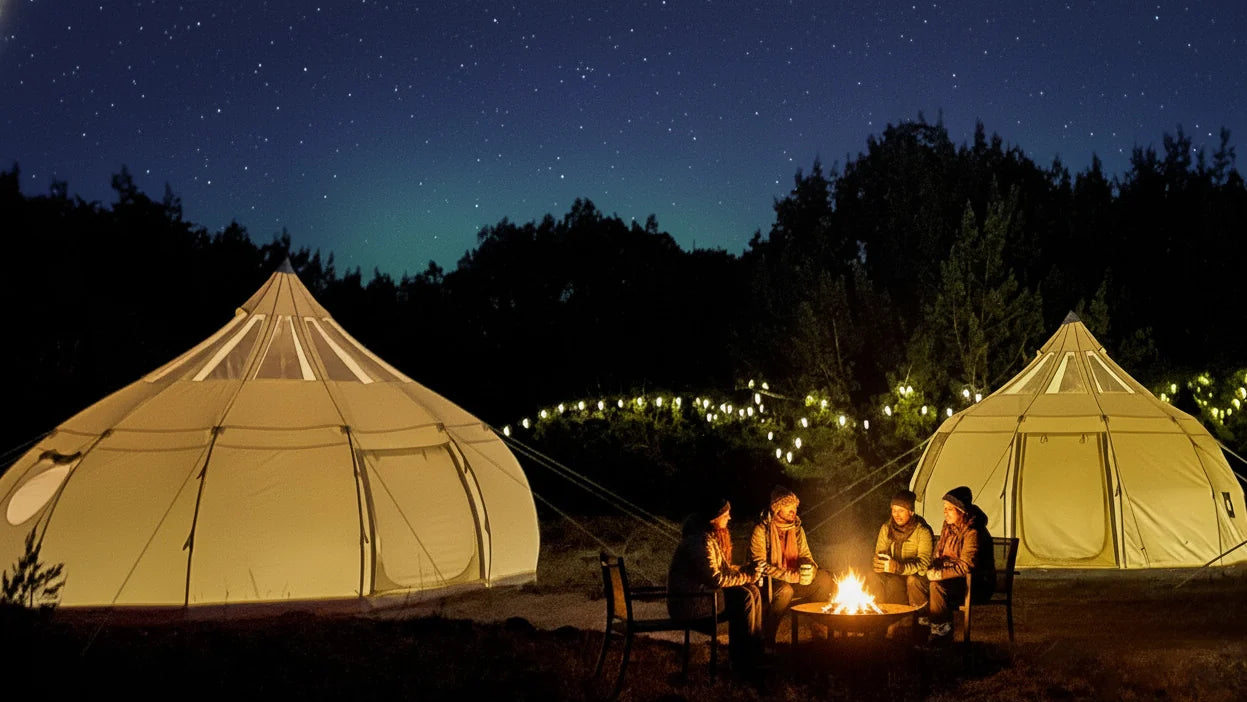 Two yurts under a starry sky with people around a fire pit.