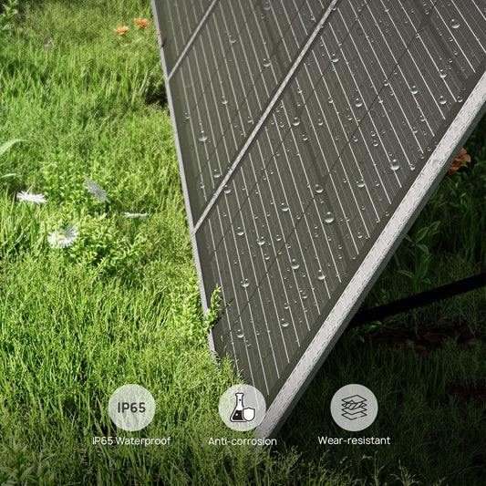 Solar panel on grass with waterproof, anti-corrosion, and wear-resistant icons.