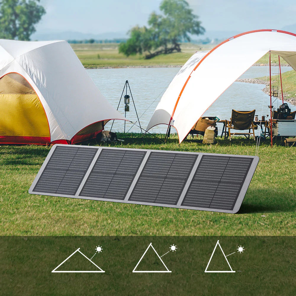 Solar panel on grass with camping scene in the background