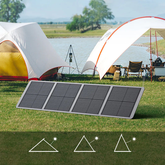 Solar panel on grass with camping scene in the background