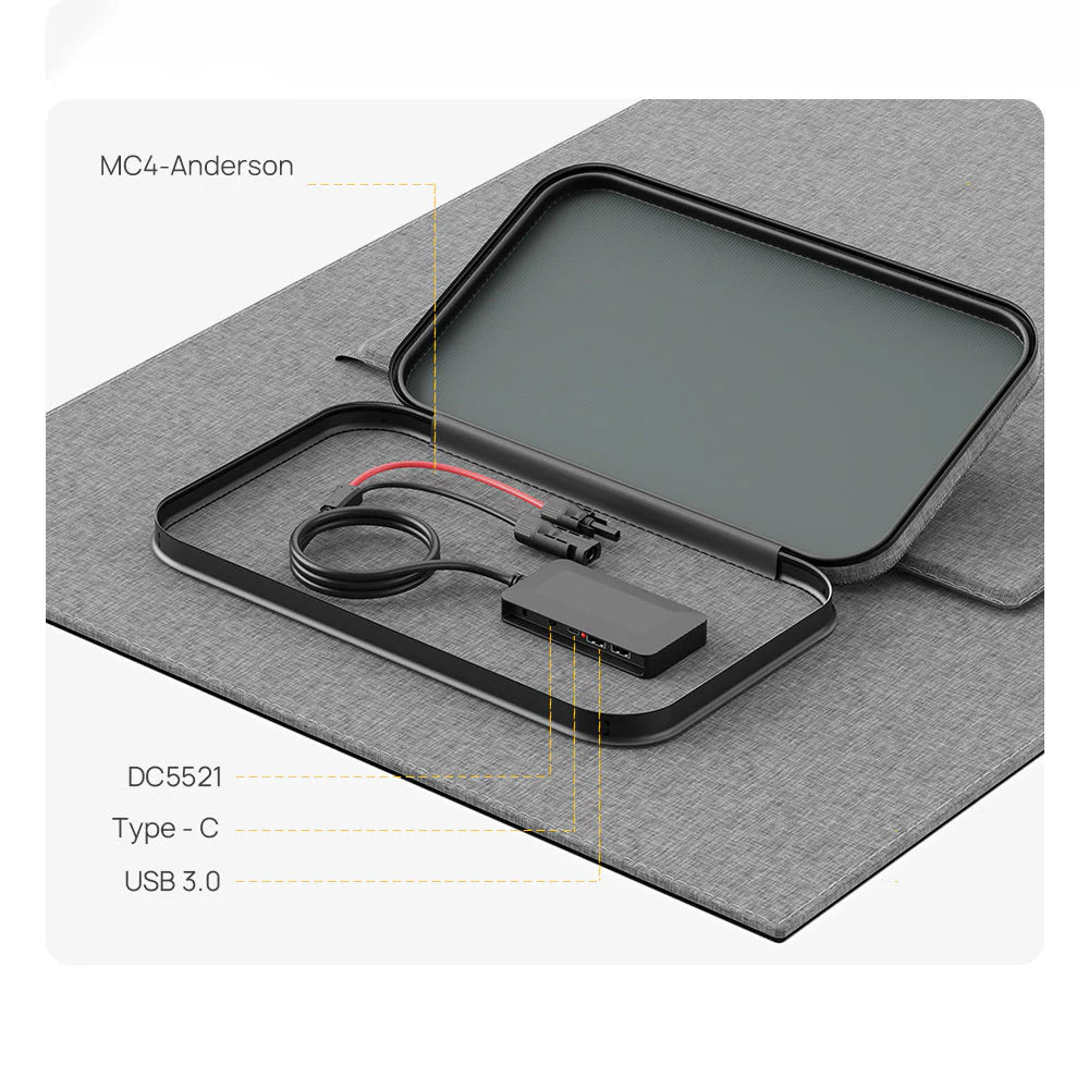 Electrical components on a gray mat with text labels