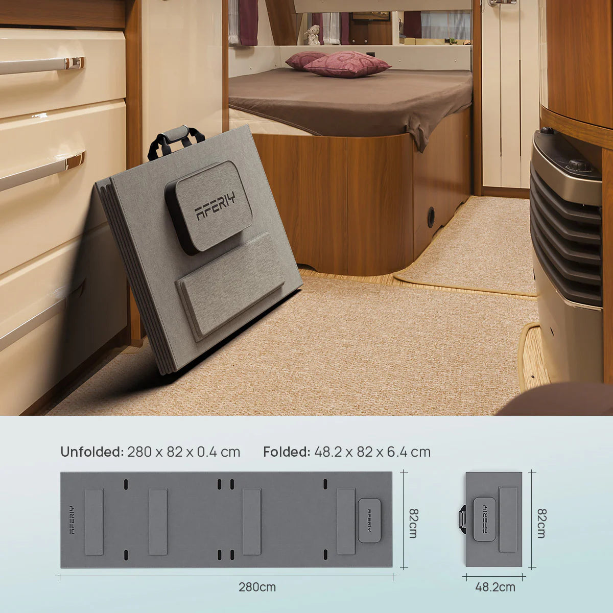 Gray folding mat with 'AFERIY' branding in a compact living space.