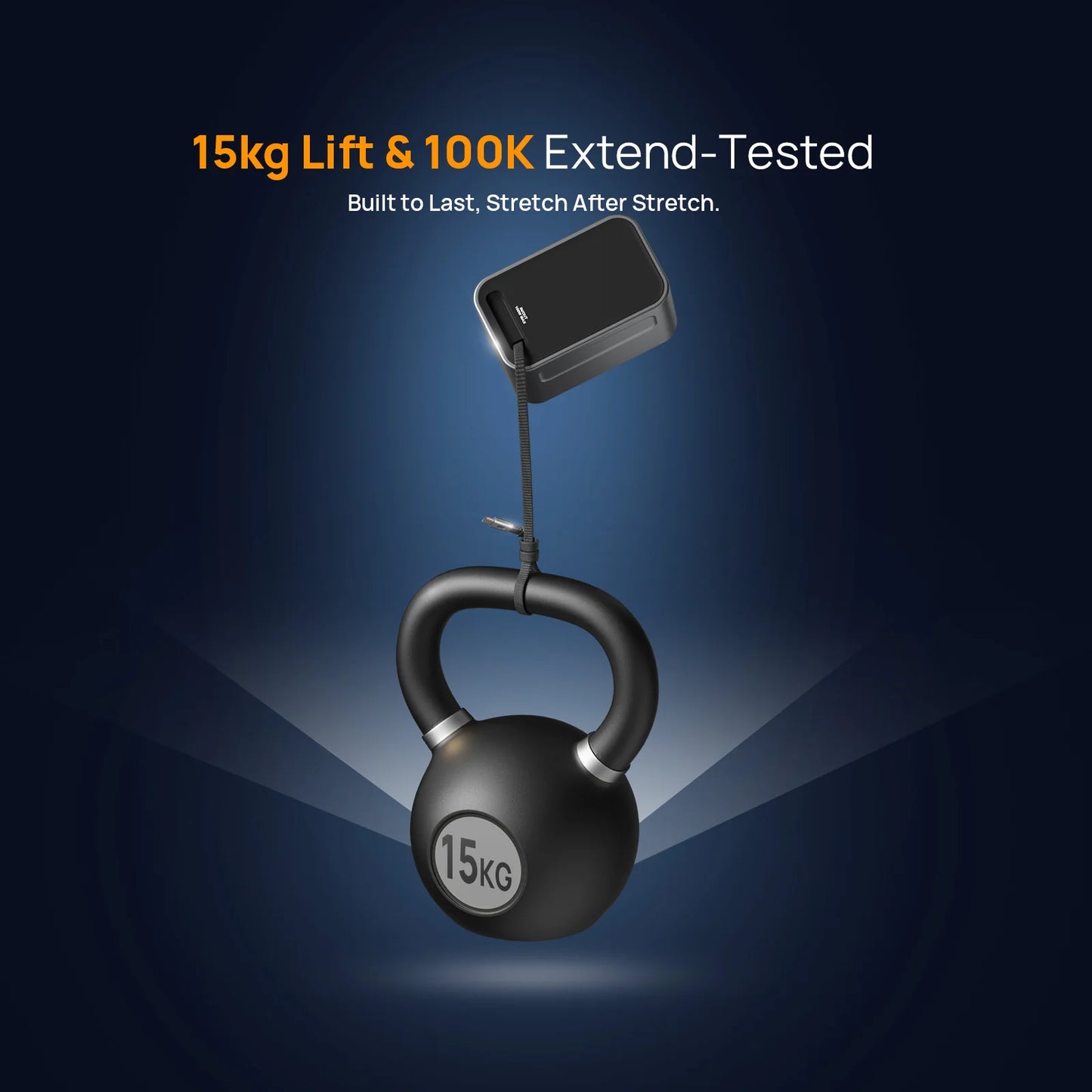Black kettlebell with a digital weight display on a dark blue background
