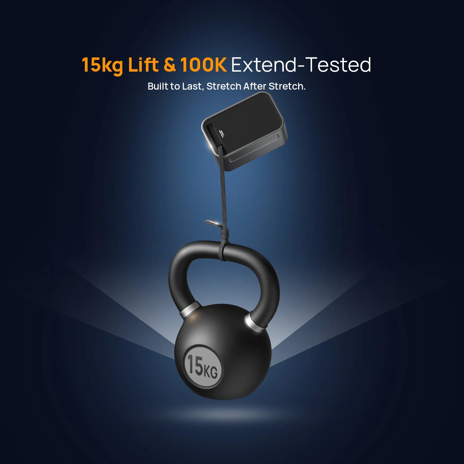 Black kettlebell with a digital weight display on a dark blue background