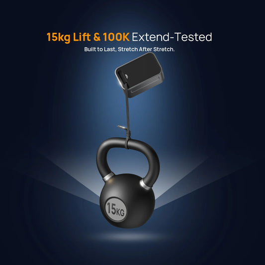 Black kettlebell with a digital weight display on a dark blue background