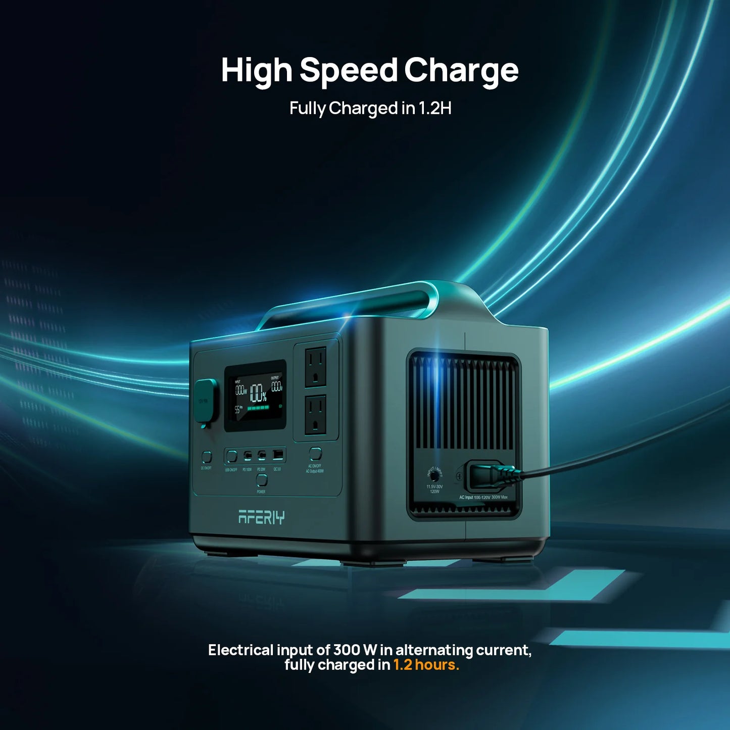 Portable power station with charging capabilities on a dark background