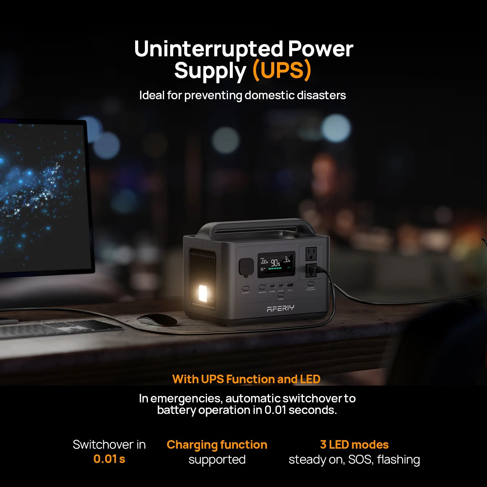 Portable UPS power supply on a desk with a blurred background