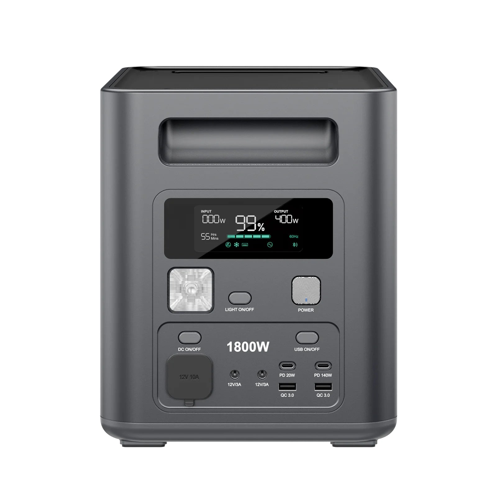 Portable power station with digital display and multiple ports on a white background