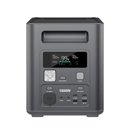 Portable power station with digital display and multiple ports on a white background