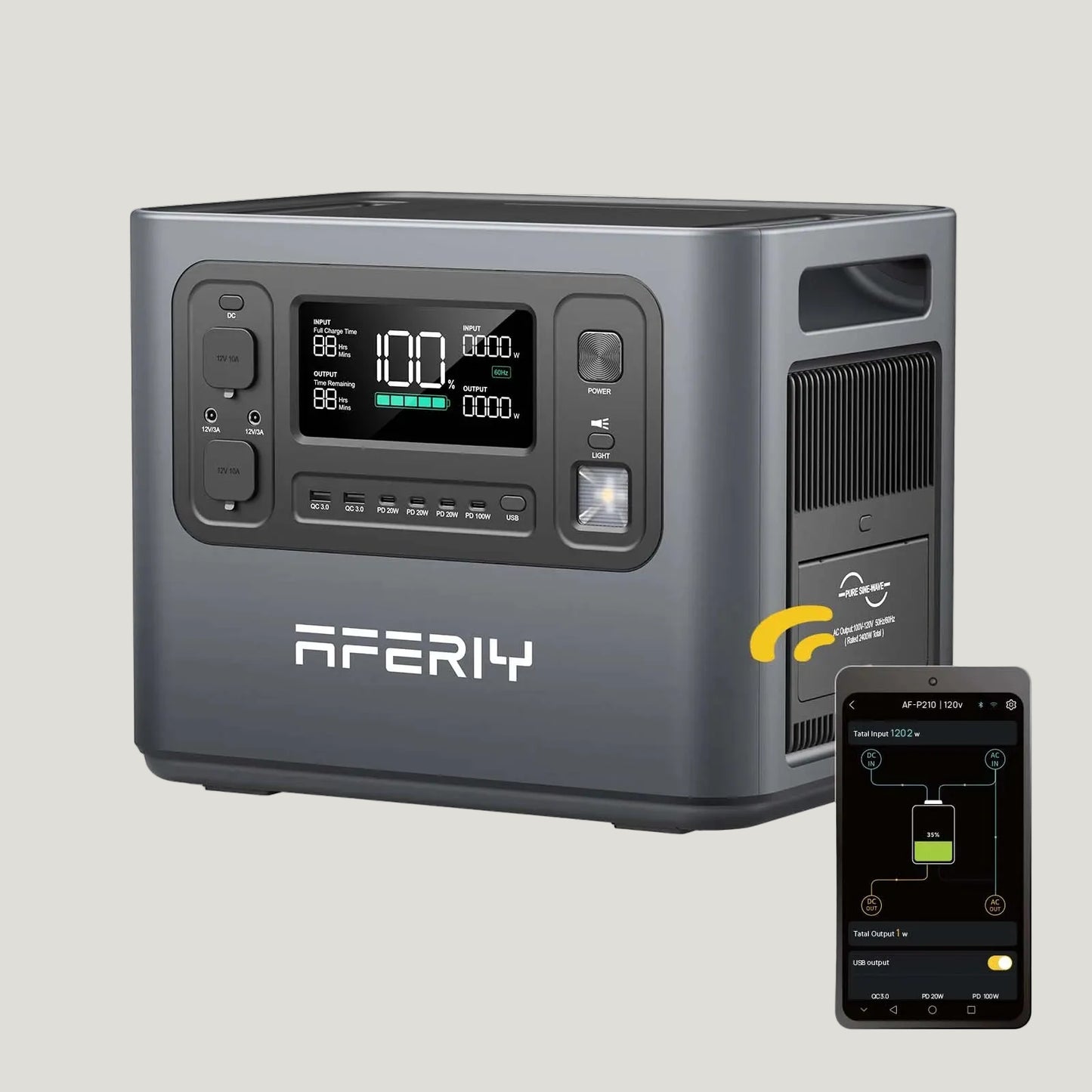 Aferiy power station with smartphone app interface on a white background