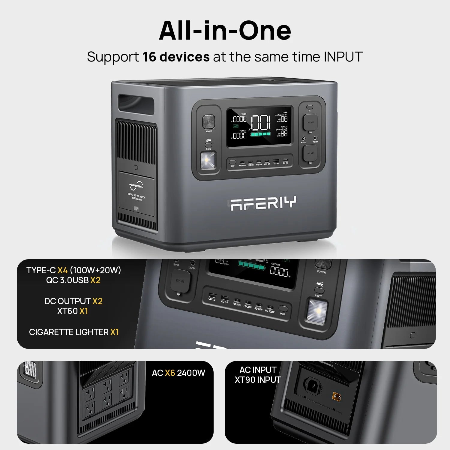 Aferiy power station with multiple input/output ports on a white background