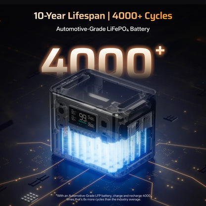 Battery pack with glowing blue lights on a dark background, highlighting its features.