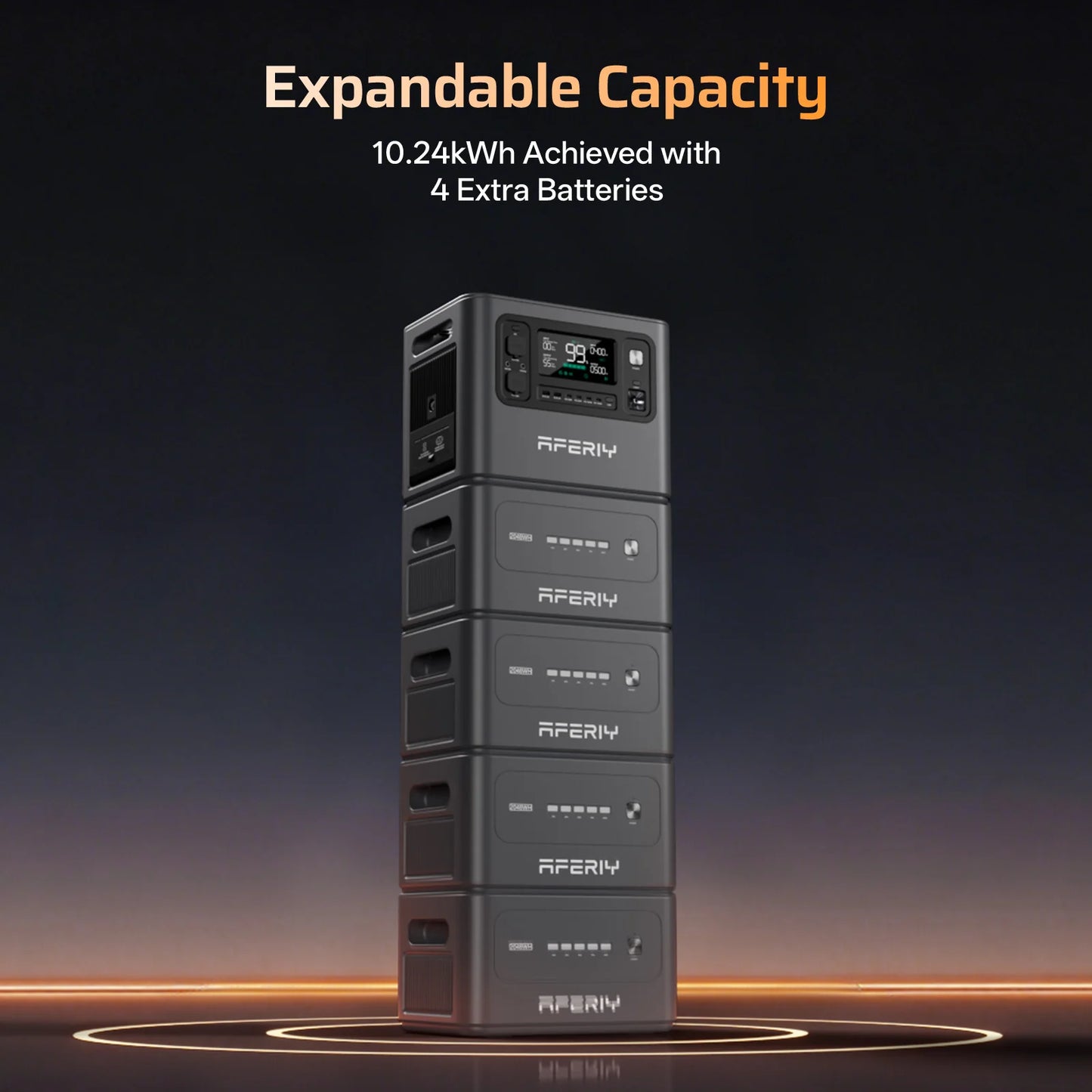 Stack of Aferiy battery units with expandable capacity text on a dark background