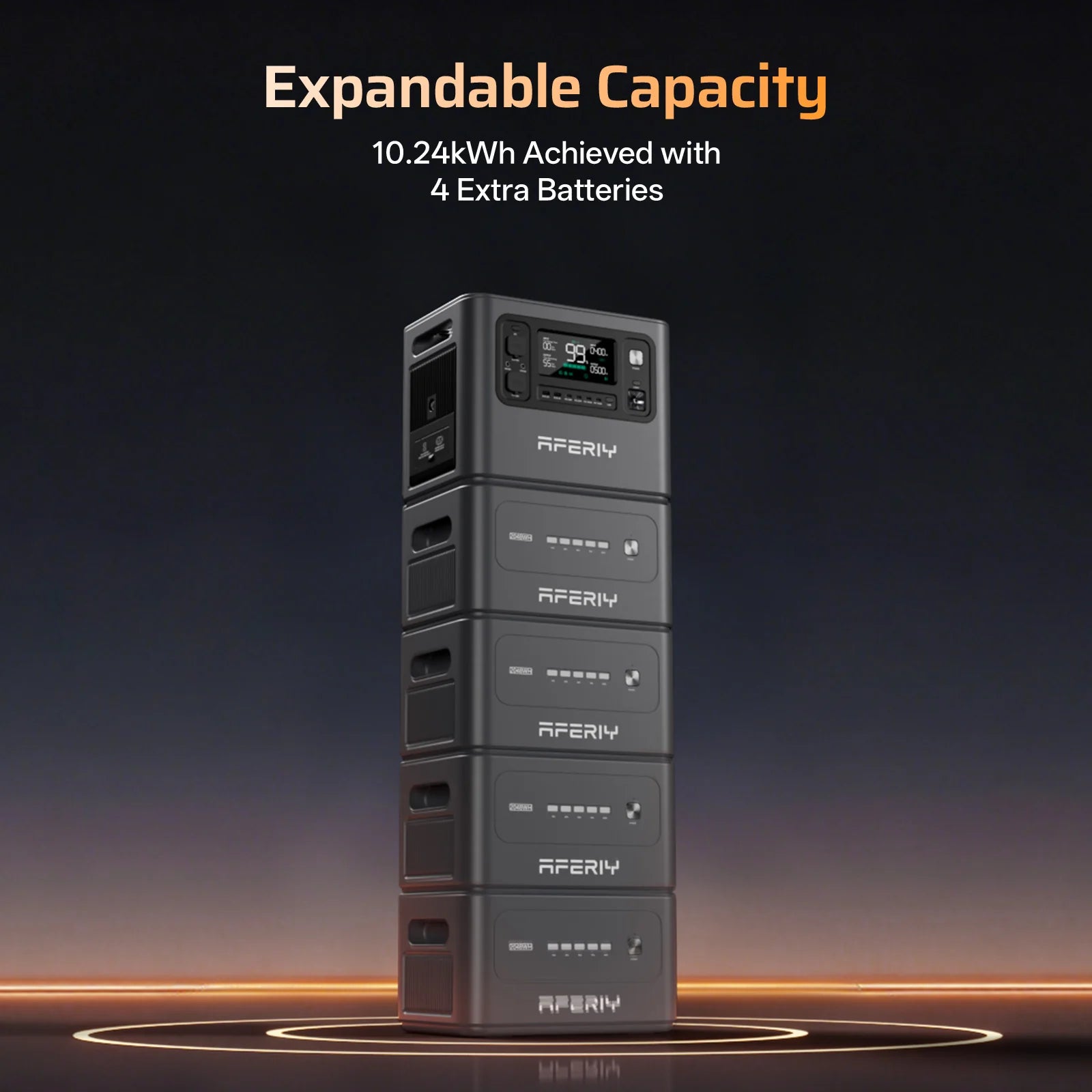 Stack of Aferiy battery units with expandable capacity text on a dark background