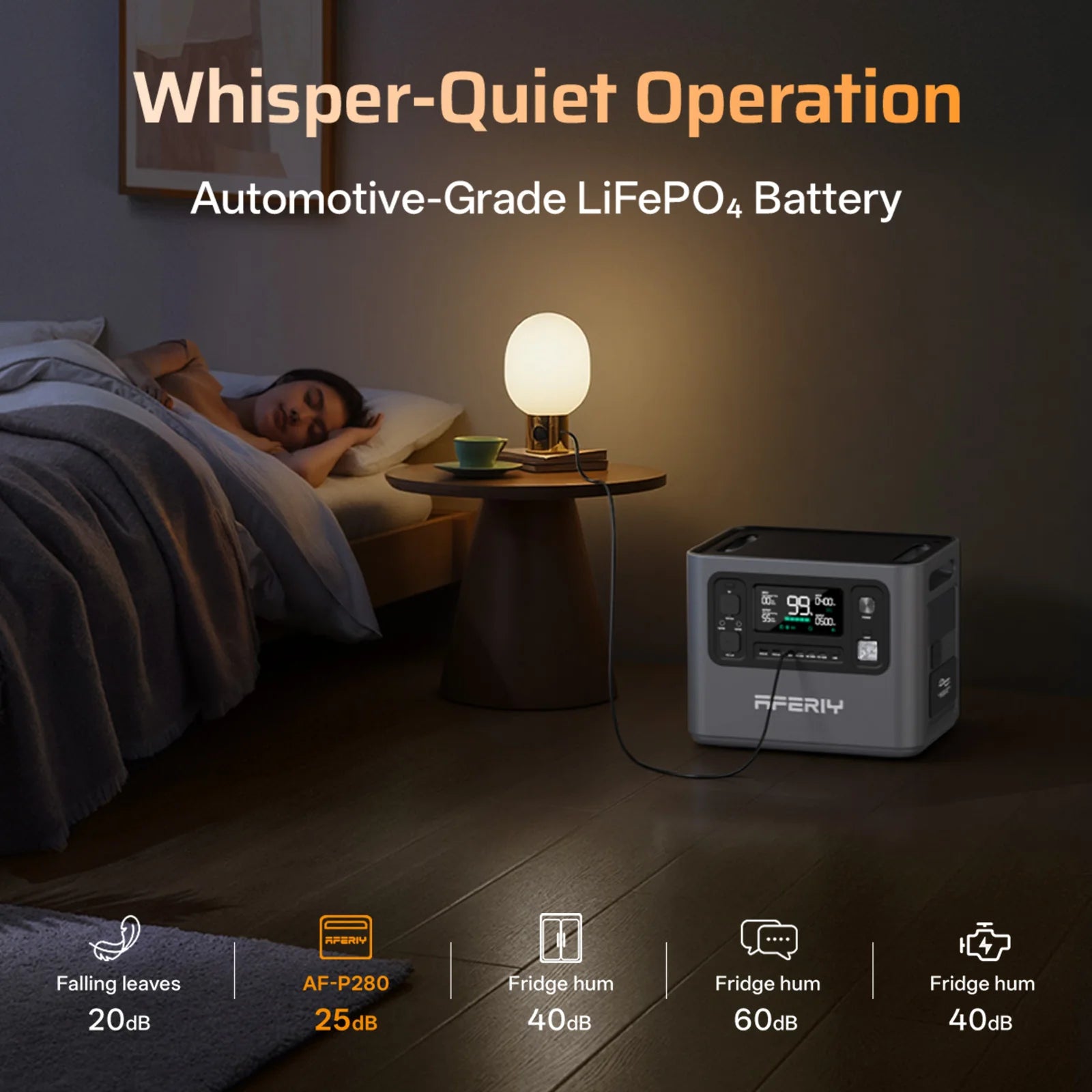 Aferiy power station on a nightstand next to a person sleeping, with 'Whisper-Quiet Operation' text above.