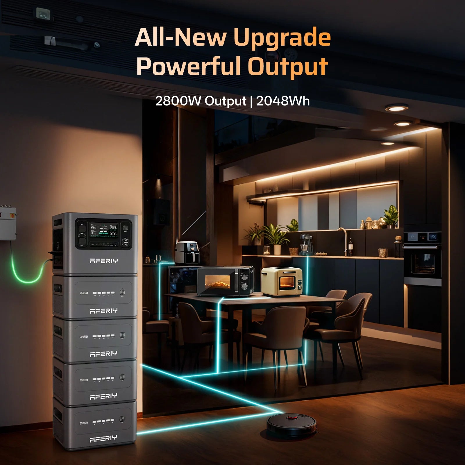 Aperiv power station with a modern kitchen in the background, highlighting powerful output.