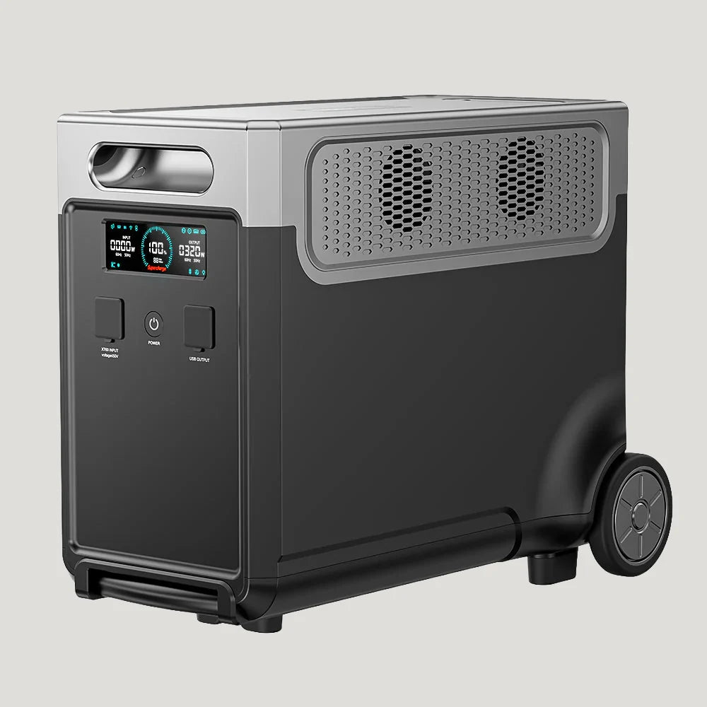 Portable power station with digital display on a gray background