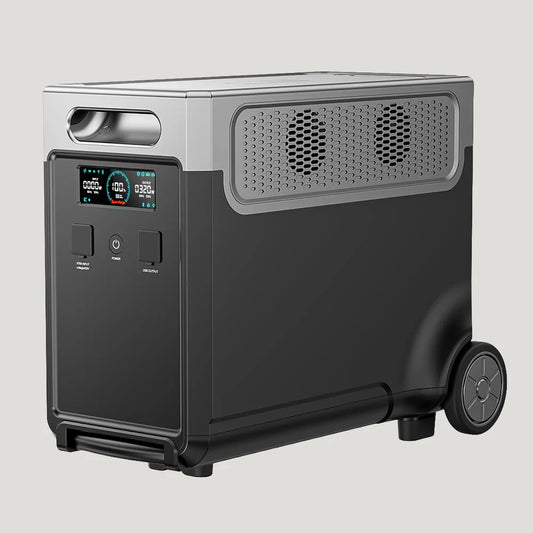 Portable power station with digital display on a gray background