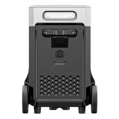 Black and gray portable power station with wheels on a white background