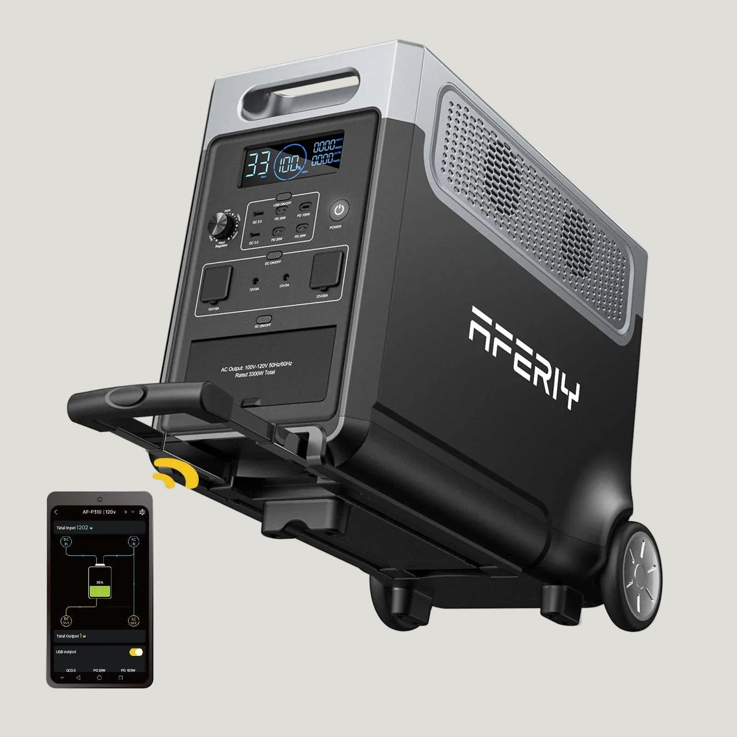 Portable power station with digital display and APERI4 branding, accompanied by a smartphone app on a white background.